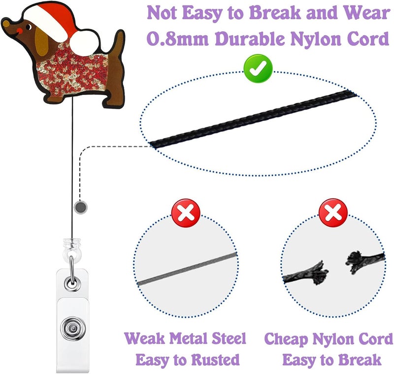 Bydevia Christmas Dachshund Shaker Badge Reel Retractable, Cute Wiener Dog Badge Reel for Nurse Nursing Student RN MA CNA Medical Worker & Teacher, Funny Nurse Gifts Holiday Badge Holder with Alligator Clip - Image 4